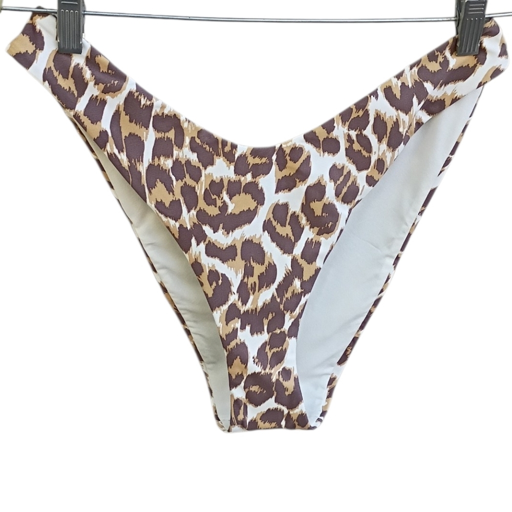 aerie White & Brown Leopard Print Bikini Bottom sz L